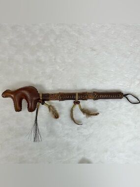 Vintage Rawhide Bear Rattle Beaded Leather Shaker Native American  by Larry Cly